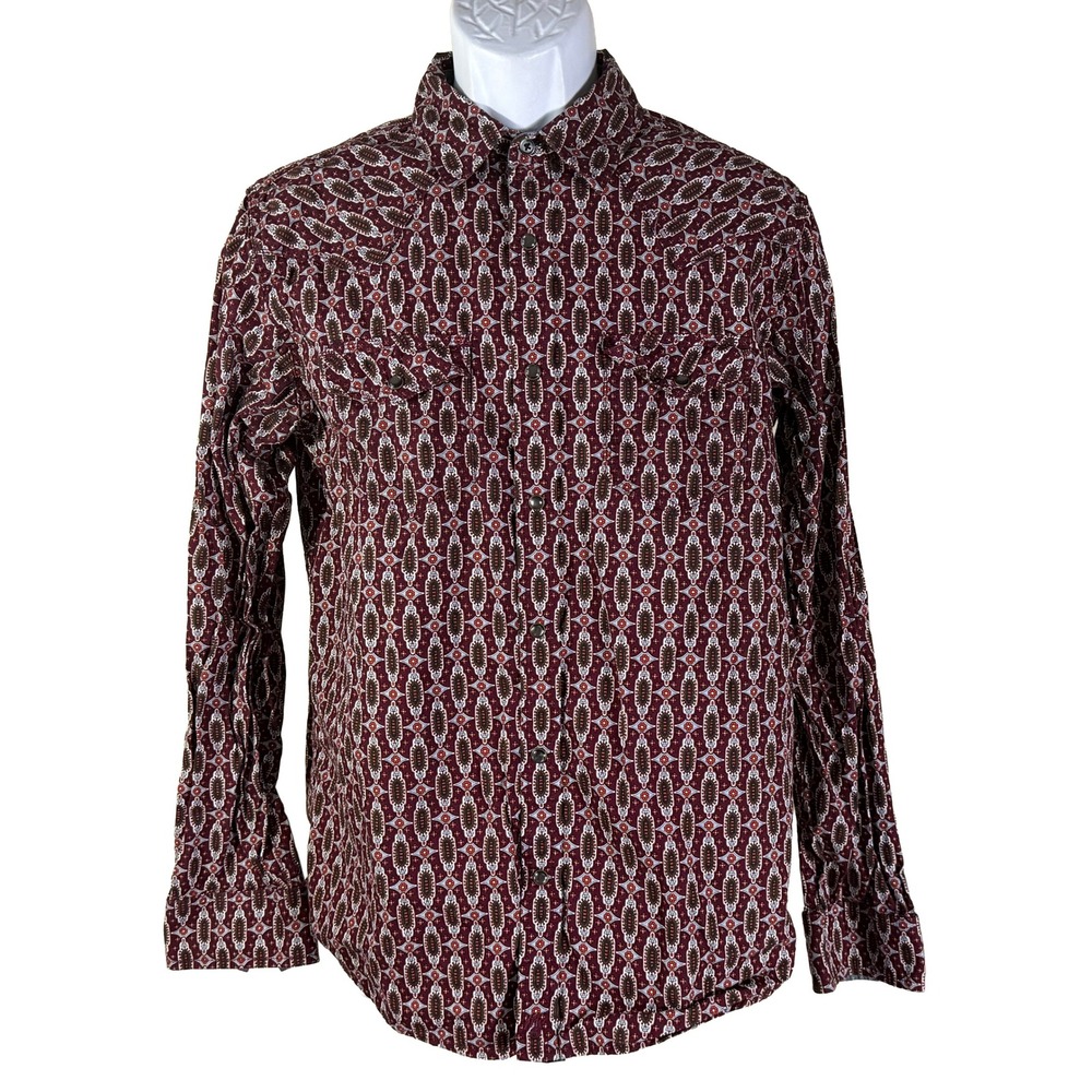 Moonshine Spirit Western Shirt Mens Medium‎ Burgundy Geometric Pearl Snap